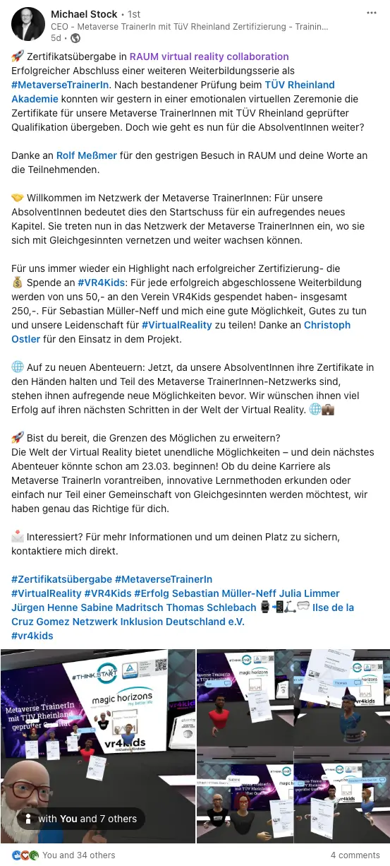 Zertifikatsübergabe in RAUM virtual reality collaboration