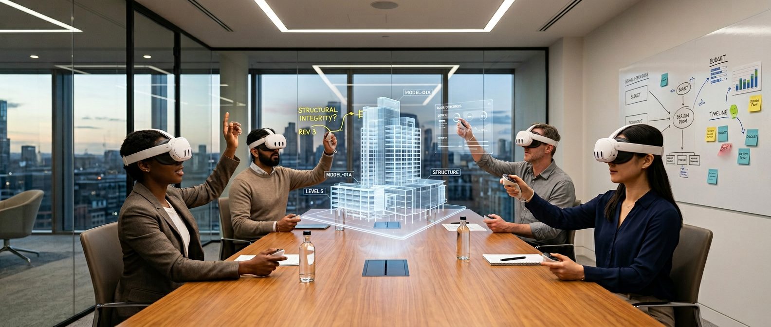 Multiple corporate people collaborating in a VR session working together on 3D data