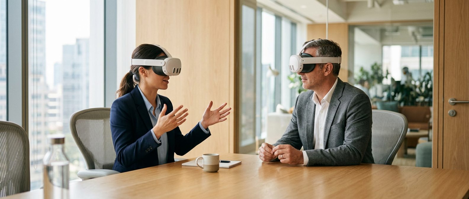 Two professionals wearing Meta Quest 3 headsets practice a VR leadership training conversation across a modern conference table in a bright corporate meeting room.