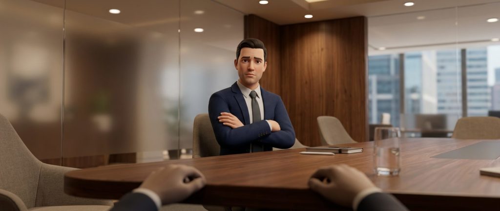 First-person view inside a VR leadership training scenario showing a virtual avatar with crossed arms seated across a conference table, simulating a difficult workplace conversation.