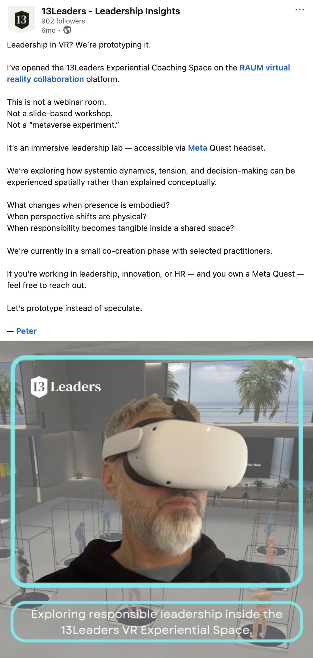 13Leaders Experiential Coaching Space - LinkedIn Post LinkedIn post by 13Leaders about the Experiential Coaching Space on RAUM