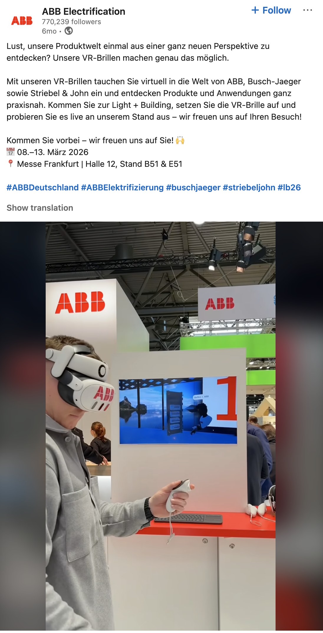 ABB Light and Building 2026 - LinkedIn Post LinkedIn post by ABB Electrification about VR at Light and Building 2026