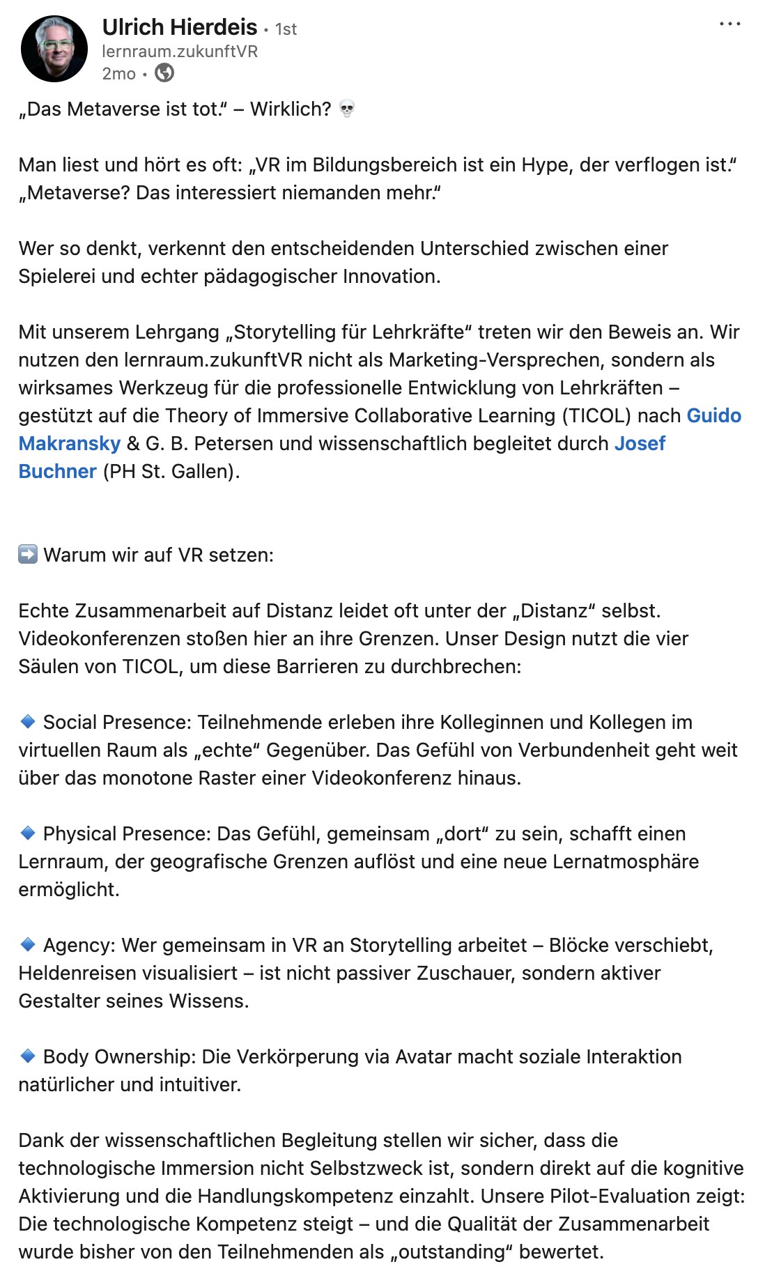 ALP lernraum.zukunftVR - LinkedIn Post LinkedIn post by Ulrich Hierdeis about lernraum.zukunftVR on RAUM