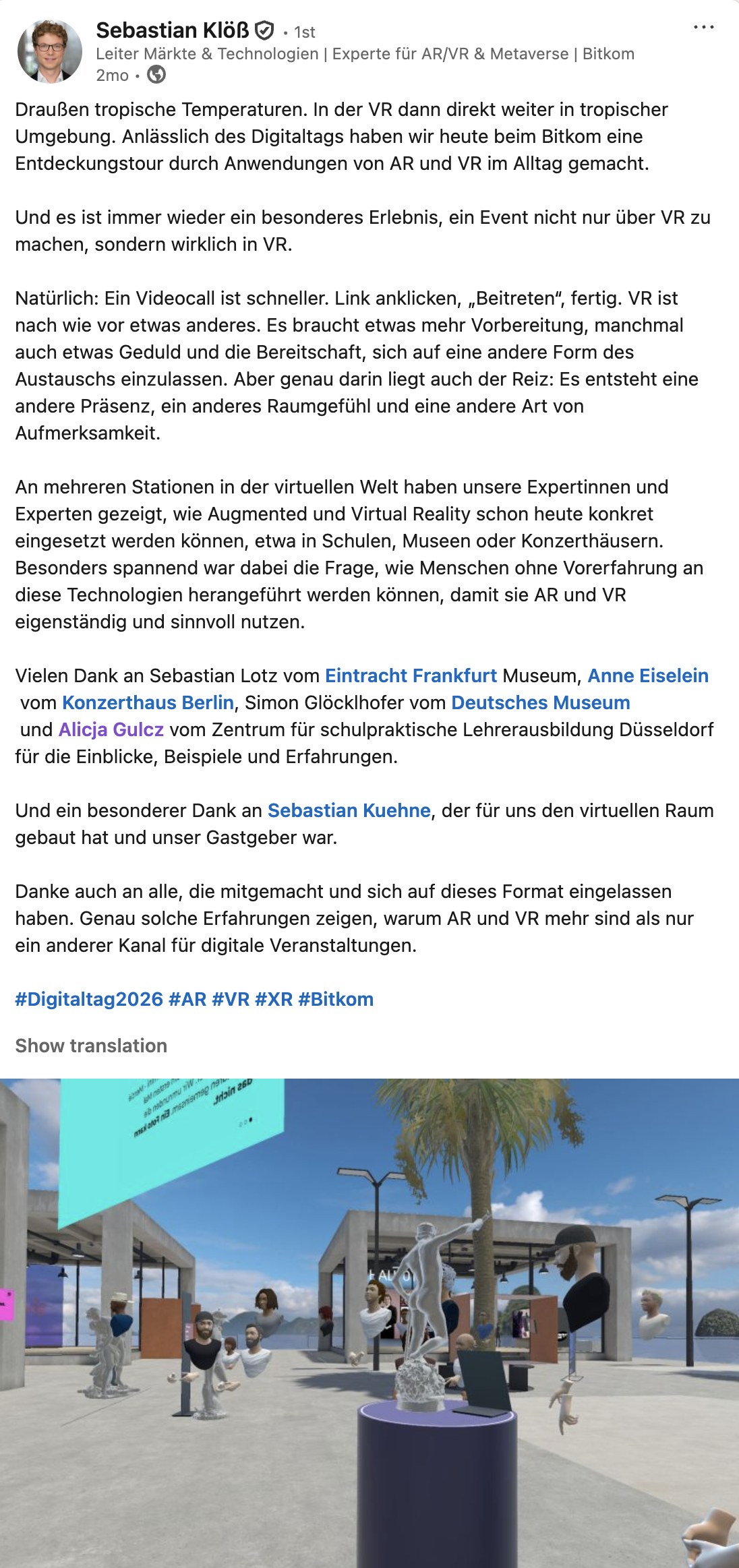 Bitkom Digitaltag 2026 - LinkedIn Post LinkedIn post by Sebastian Kloess about the Bitkom Digitaltag 2026 in RAUM