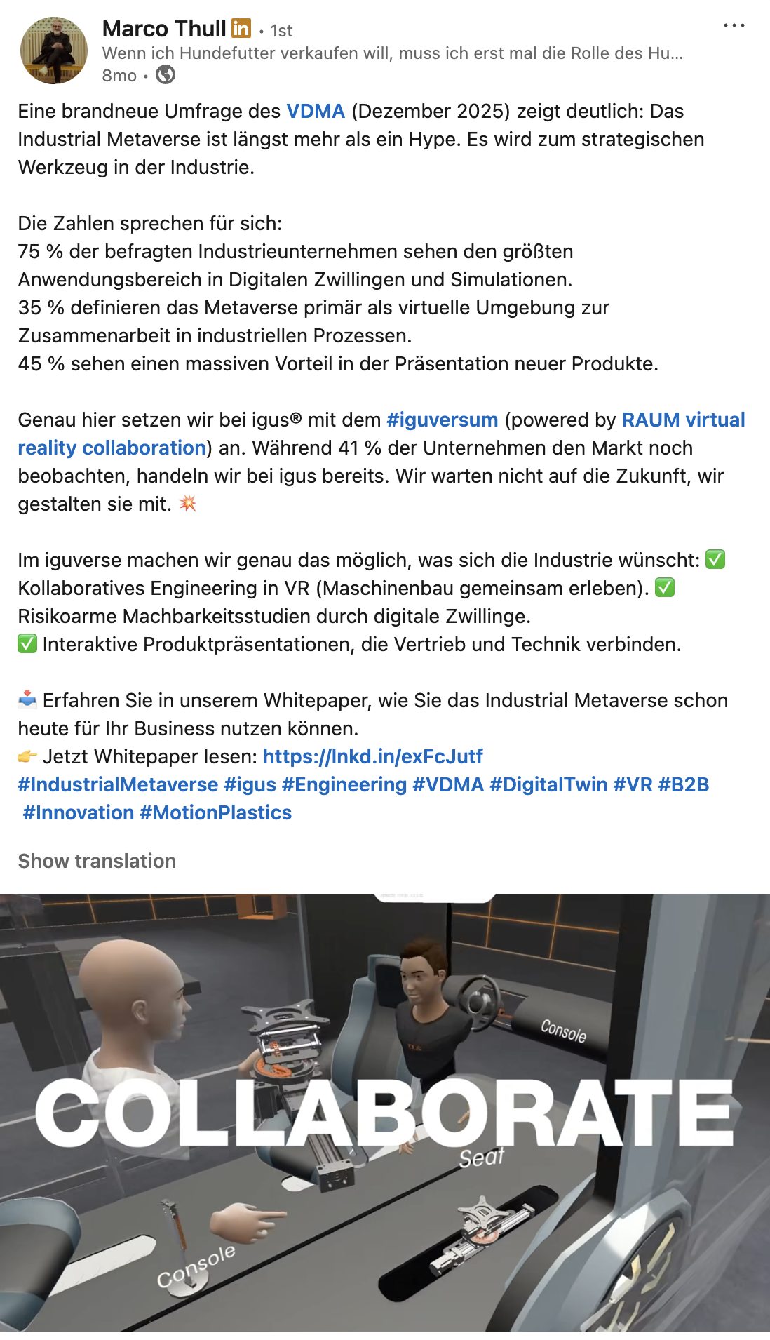 igus iguversum - LinkedIn Post LinkedIn post by Marco Thull about igus iguversum on RAUM