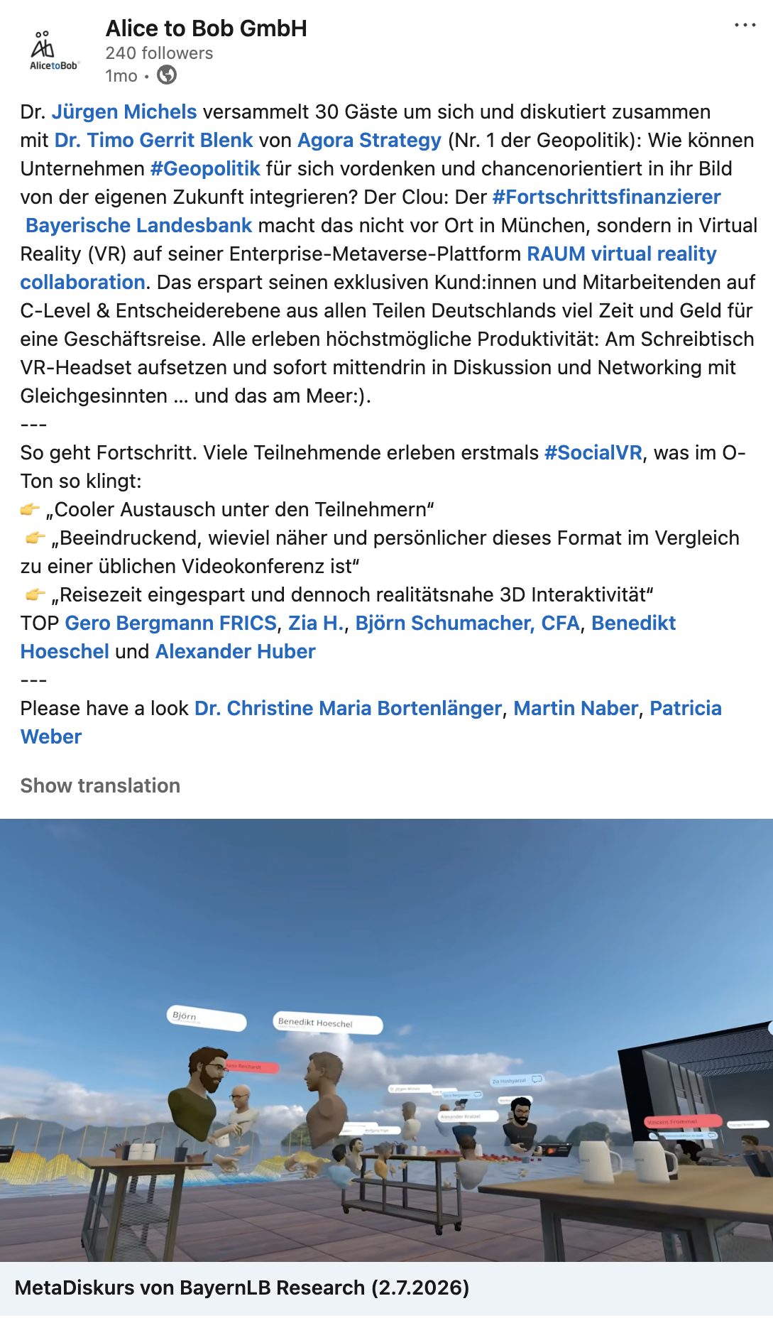 BayernLB Research MetaDiskurs - LinkedIn Post LinkedIn post by Alice to Bob GmbH about BayernLB Research MetaDiskurs in RAUM