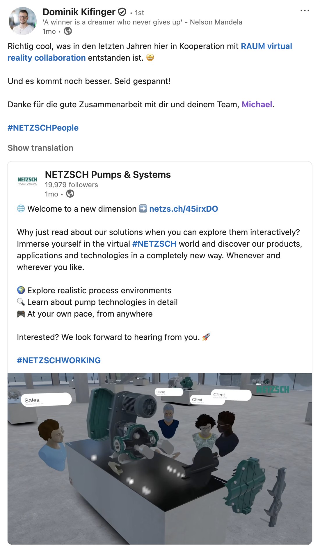 NETZSCH virtual world - LinkedIn Post LinkedIn post by NETZSCH Pumps and Systems about their virtual world on RAUM
