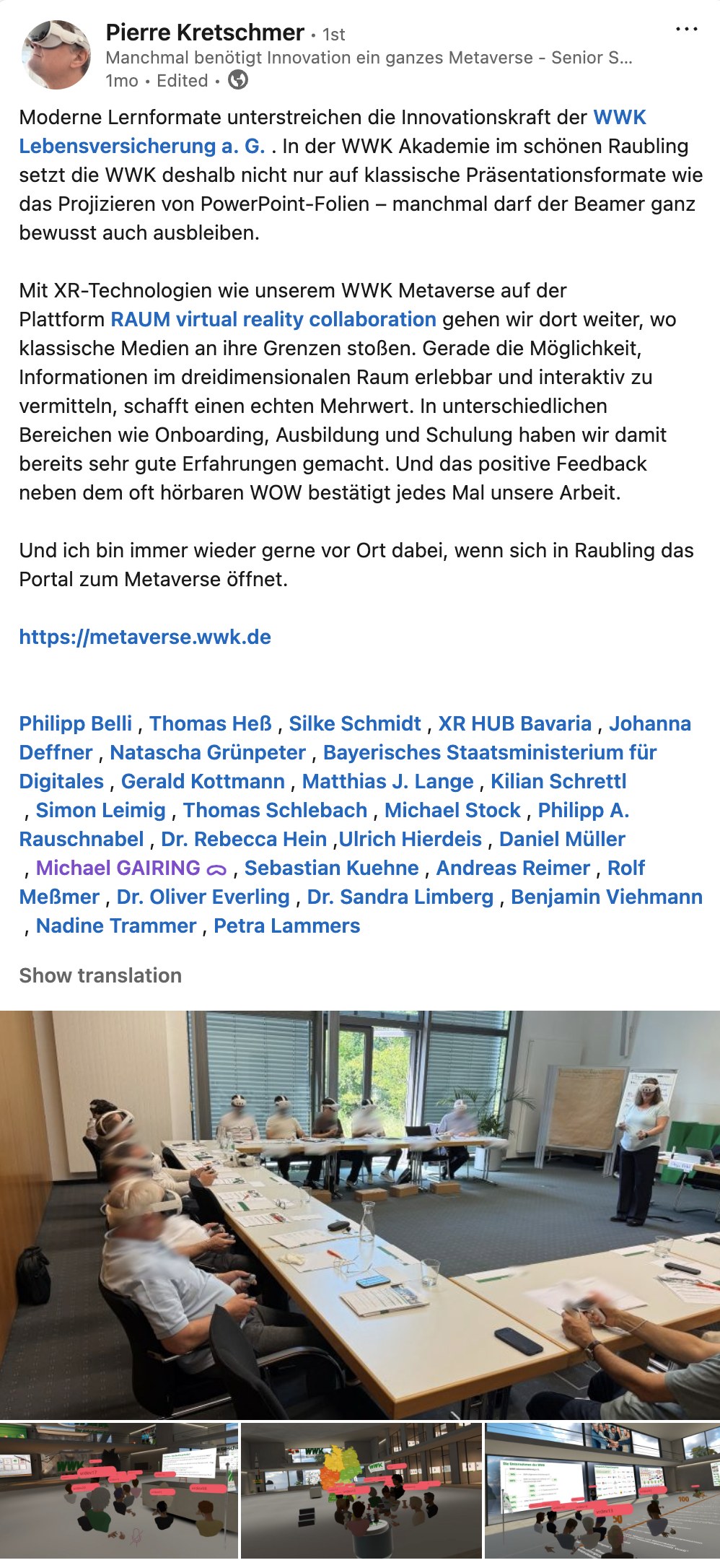 LinkedIn post by Pierre Kretschmer about the WWK Metaverse on RAUM