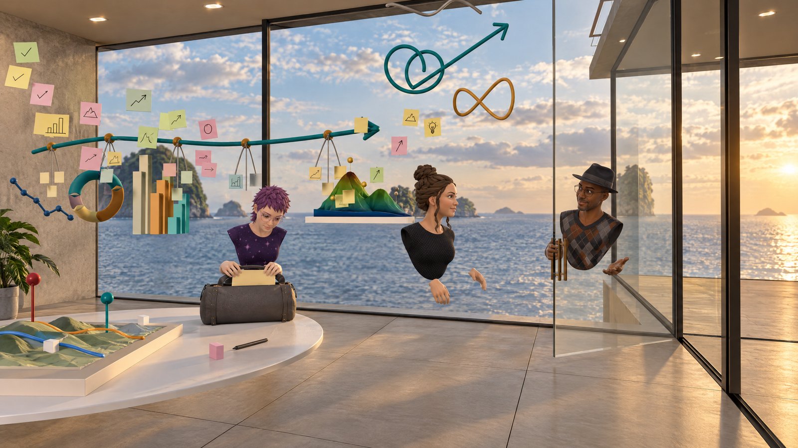 Looking for a new home after ENGAGE and Teams Immersive? <br>Join a free RAUM Tour 1 Avatars collaborating in a RAUM workspace with 3D data visualizations and an ocean view